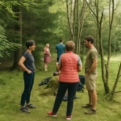 Eine Gruppe von Menschen spaziert über einen Feldweg