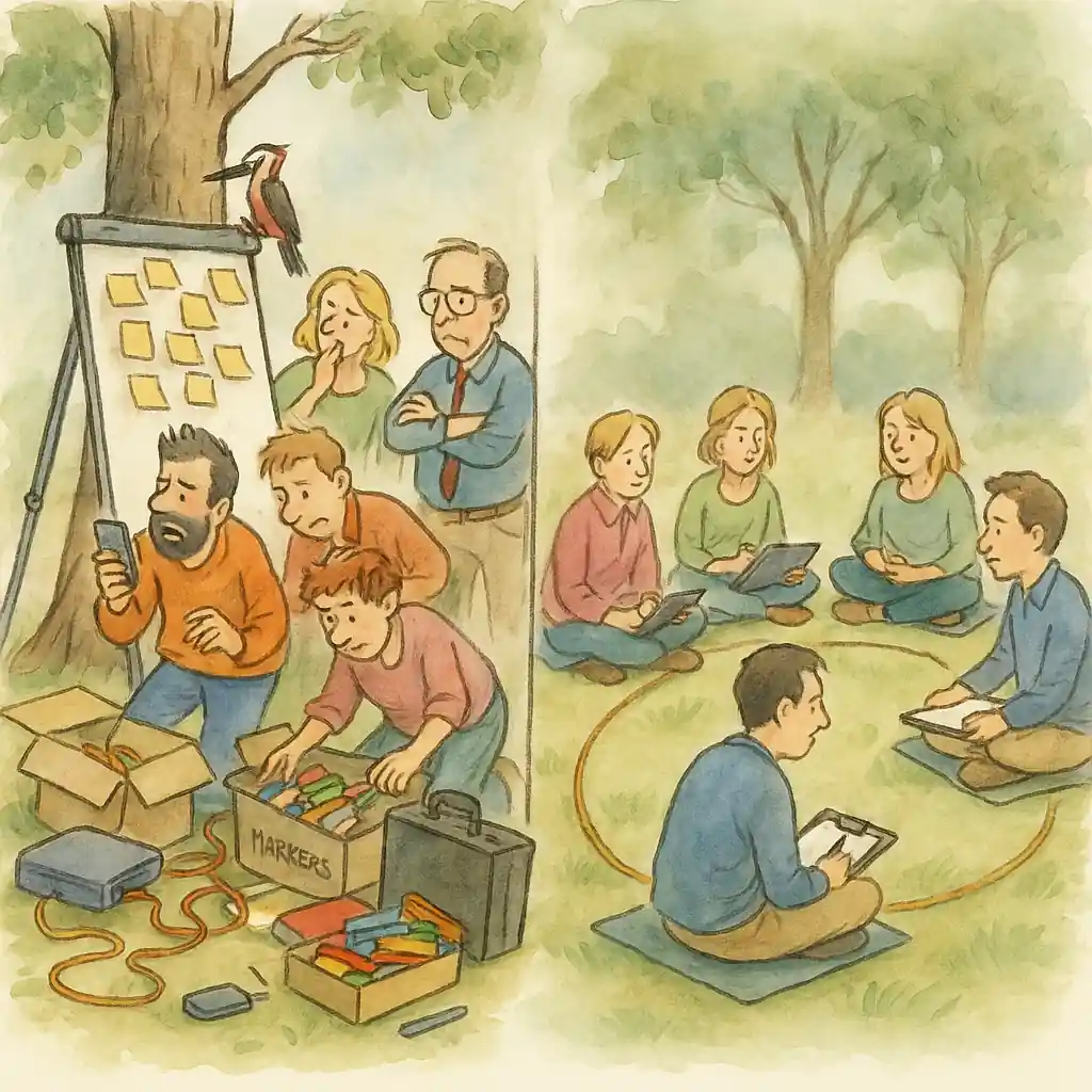 Ein kleiner Commic. Die linke Seite zeigt eine Gruppe von Menschen die mit viel Equipment ein Meeting im Park organisieren. Auf der rechten Seite arbeitet eine entspannte Gruppe mit Klemmbrettern auf einer Wiese.