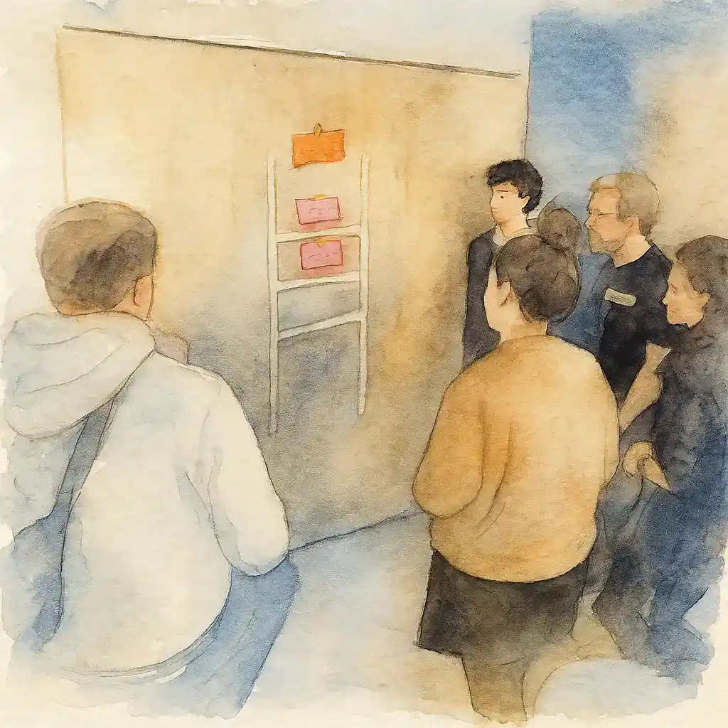 Sieben Erwachsene stehen im Halbkreis vor einer Holzwand mit Leiternetz aus Klebeband und drei farbigen Karten – konzentrierter Moment im Workshop.