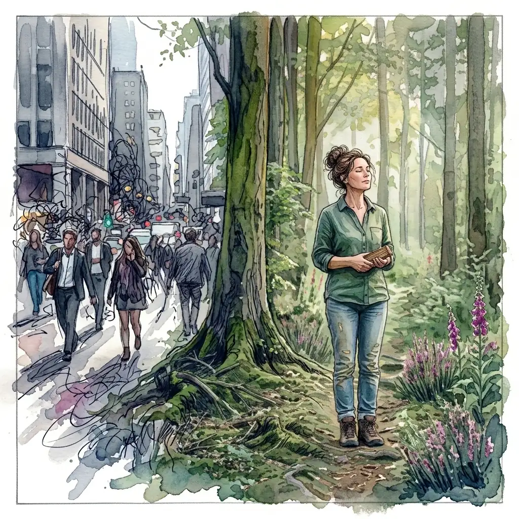 Eine Aquarellskizze zeigt auf der linken Seite eine hektische, stressige Großstadtszene. Rechts einen ruhigen, natürlichen Wald. Ein Baum in der Bildmitte fungiert als Trenner.